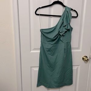 One shoulder teal ruffle dress